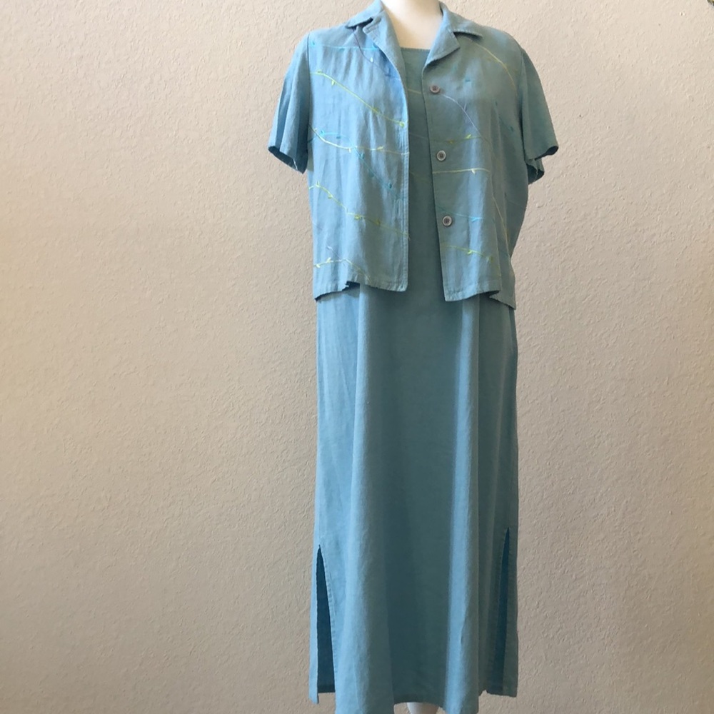 Studio Ease Dress-set 14P matching dress with shirt Turquoise EUC Linen look